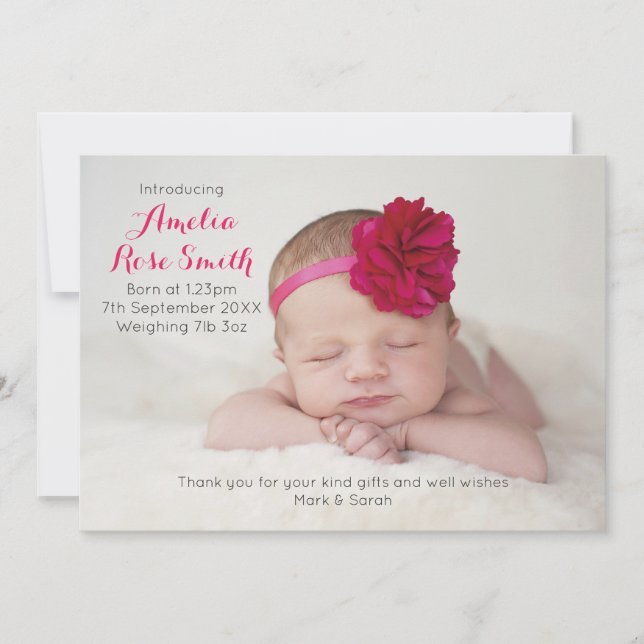 New baby girl announcement/thank you card (Front)