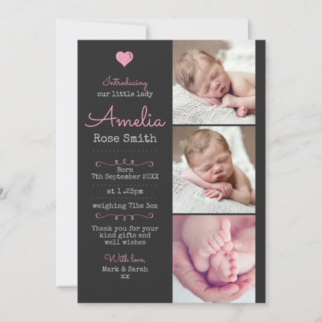 New baby girl announcement/thank you card A5 (Front)