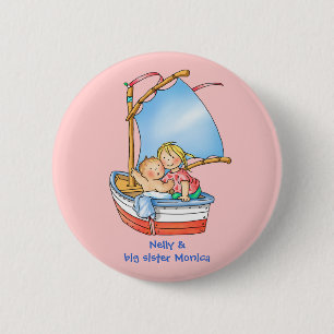 New Baby Girl & Big Sister in Boat Button