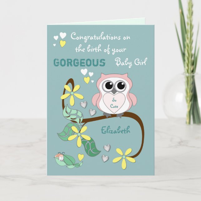 New baby girl congratulations pink and green card (Front)