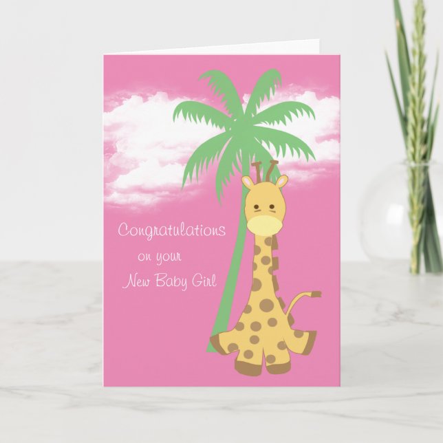 New baby girl congratulations pink giraffe card (Front)