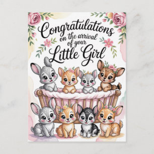 New Baby Girl Congratulations with Forest Animals Holiday Postcard