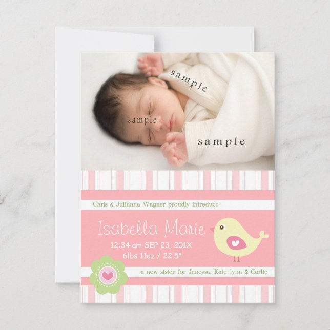 New Baby Girl Cute Pink Photo Birth Announcement (Front)