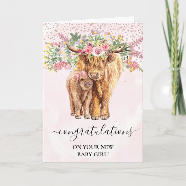 New Baby Girl Highland Cow Calf Congratulation  Card (Front)
