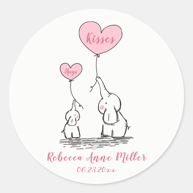 New Baby Girl Hugs And Kisses Elephants Classic Round Sticker (Front)