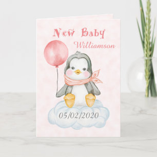New Baby Girl Penguin Personalised Card