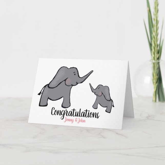 New baby girl personalised elephant mother & child card (Front)