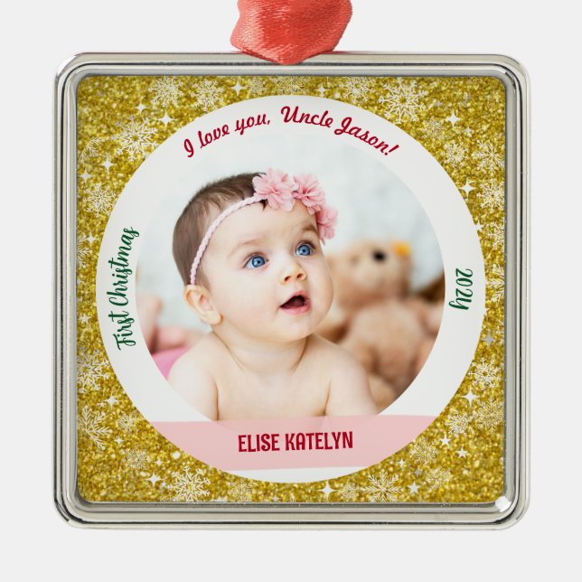New Baby Girl Photo 1st Christmas As Uncle Golden Metal Ornament (Front)