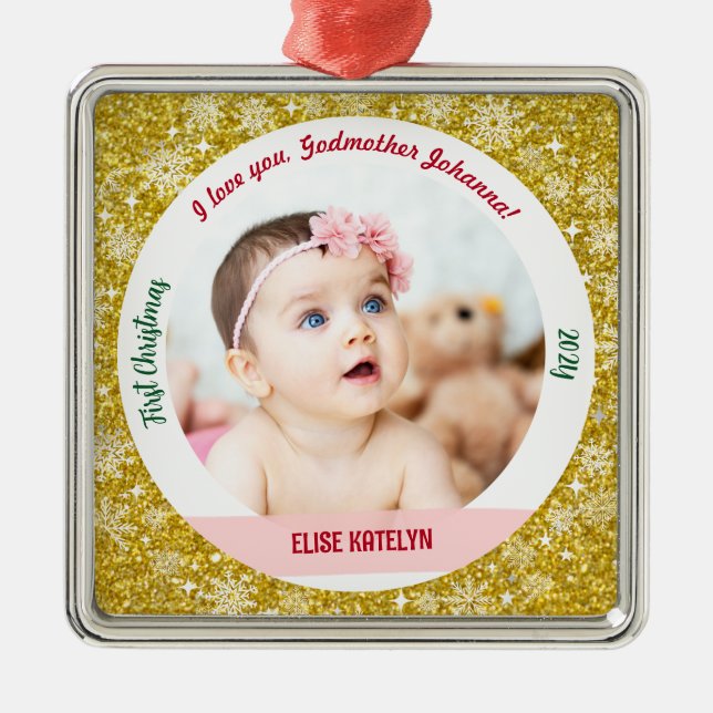 New Baby Girl Photo 1st Christmas Godmother Golden Metal Ornament (Front)
