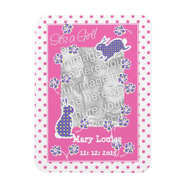 New Baby Girl Photo Magnet, Cute Bunny Rabbits Magnet (Vertical)