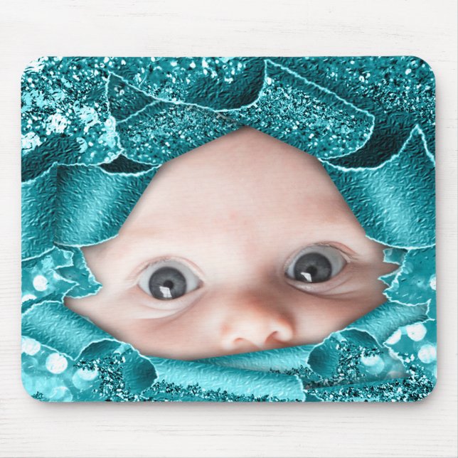 New Baby Girl Photo Mother to Be Teal Glitter Mouse Pad (Front)