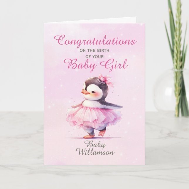 New Baby Girl Pink Penguin Ballerina Card (Front)