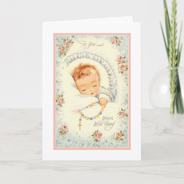 New Baby Girl  Pink Roses Rosary Catholic Card (Front)