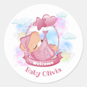 New Baby Girl Pink Teddy Bear Balloons Classic Round Sticker