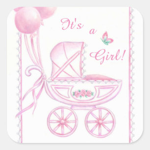New Baby Girl Stickers Pink Buggy & Balloons