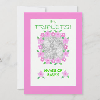New Baby Girl Triplets Announcement Photo Card