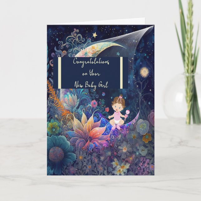 New Baby Girl with Moon & Stars Card (Front)