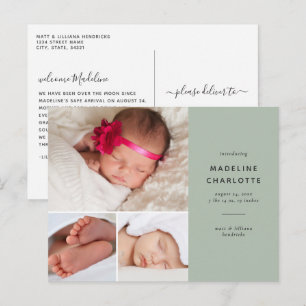 New Baby Green Photo Collage Birth Announcement Postcard
