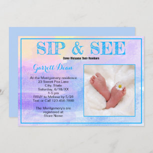 New Baby In Blue "Sip and See" Custom Photo Party Invitation