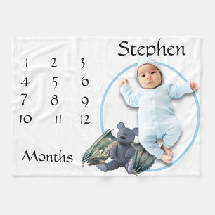 New Baby Infant Milestone Blue Dragon Teddy Bear Fleece Blanket