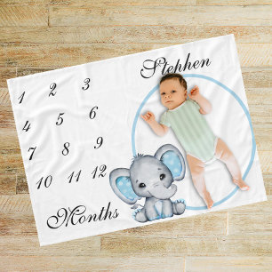 New Baby Infant Milestone Blue Elephant Pink Photo Fleece Blanket