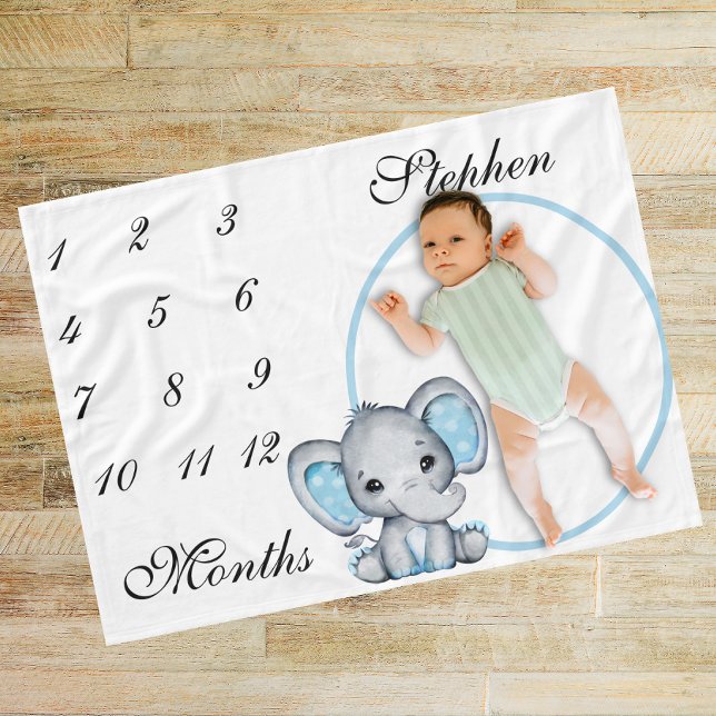 New Baby Infant Milestone Blue Elephant Pink Photo Fleece Blanket (Creator Uploaded)