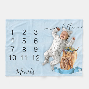 New Baby Infant Milestone Highland Cow Blue Fleece Blanket