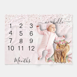 New Baby Infant Milestone Highland Cow Pink  Fleece Blanket