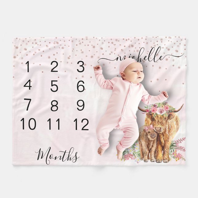 New Baby Infant Milestone Highland Cow Pink  Fleece Blanket (Creator Uploaded)
