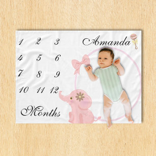 New Baby Infant Milestone Pink Elephant Pink Photo Fleece Blanket