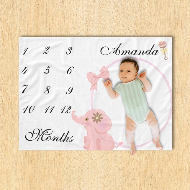 New Baby Infant Milestone Pink Elephant Pink Photo Fleece Blanket (Creator Uploaded)