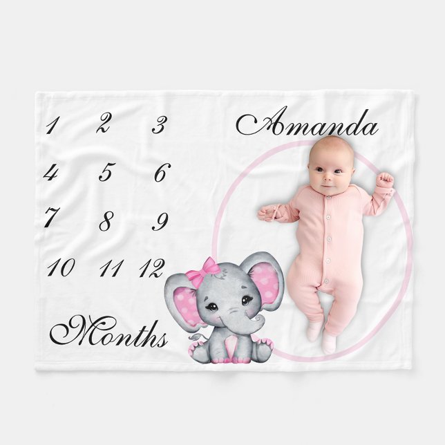 New Baby Infant Milestone Pink Elephant Pink Photo Fleece Blanket (Creator Uploaded)
