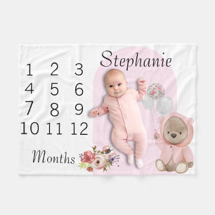 New Baby Infant Milestone Pink Teddy Bear  Fleece Blanket