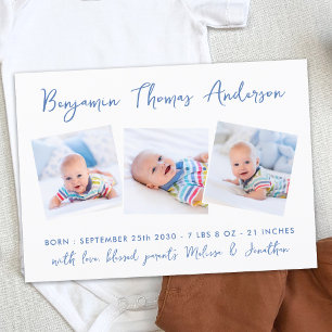 New Baby Modern 3 Photo Collage Blue Birth Announcement