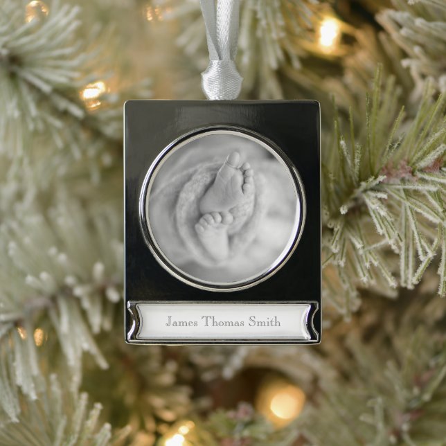 New Baby NAME Black White PHOTO Timeless Keepsake Silver Plated Banner Ornament (Tree)