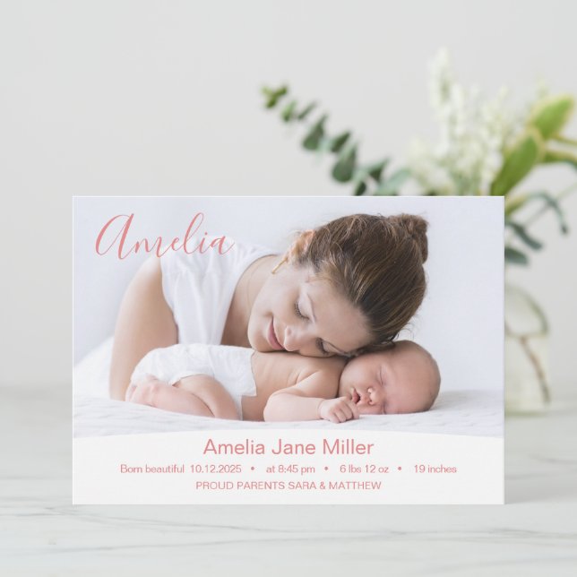 New Baby Newborn Girl Birth Stats Photo Announcement (Standing Front)