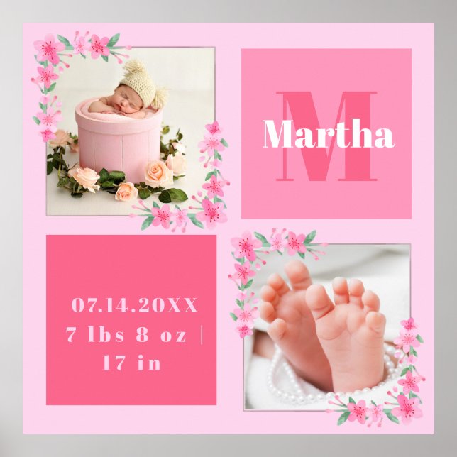 New baby newborn name date length weight photo poster (Front)