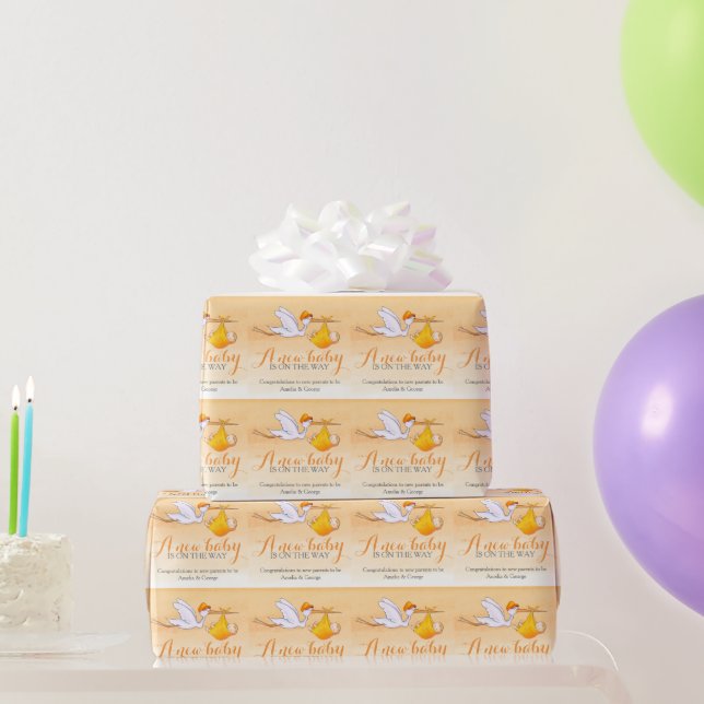 New baby orange stork delivery pattern gift wrap (Party Gifts)