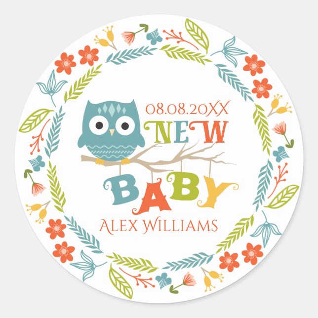 New Baby & Owl Colourful Floral Wreath Kids design Classic Round Sticker (Front)