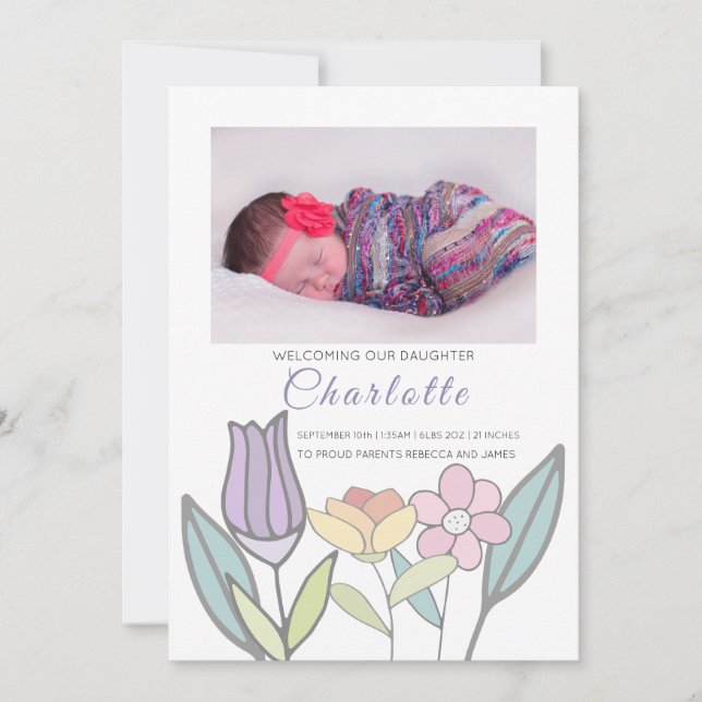New Baby Pastel Flowers Personalised Announcement (Front)