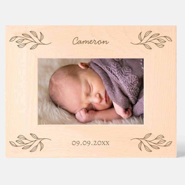 New Baby Personalised Name Date Botanical Leaves Etched Frames (New baby personalized name and birth date botanical leaves etched wooden photo frame)