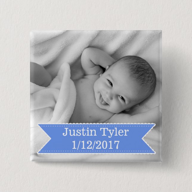 New Baby Photo and Name Blue Boy Button (Front)