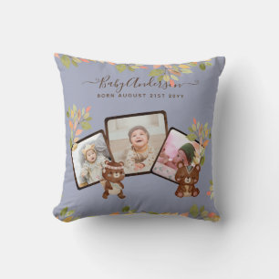 New Baby PHOTO Gift - Cute Woodland Animals Blue Cushion