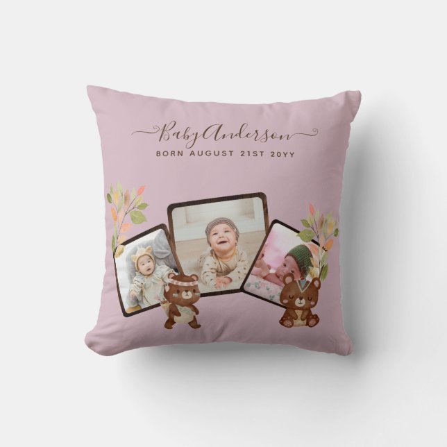 New Baby PHOTO Gift - Cute Woodland Animals PINK Cushion (Front)