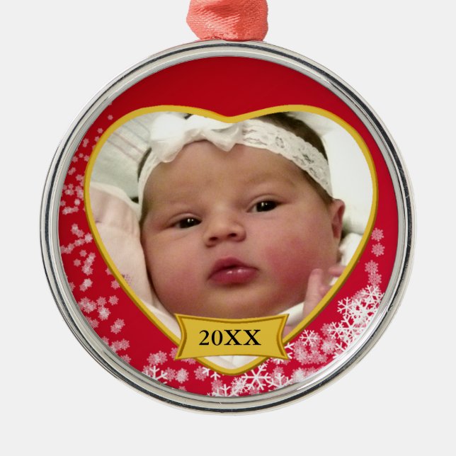 New Baby Photo Keepsake Snowy Red Metal Ornament (Front)