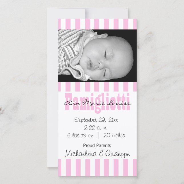 New Baby Pink And White Striped Photo Card (Front)