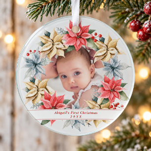 New Baby Poinsettia Photo First Christmas Glass Tree Decoration