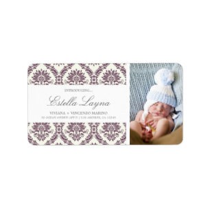 NEW BABY PURPLE DAMASK   ADDRESS LABELS