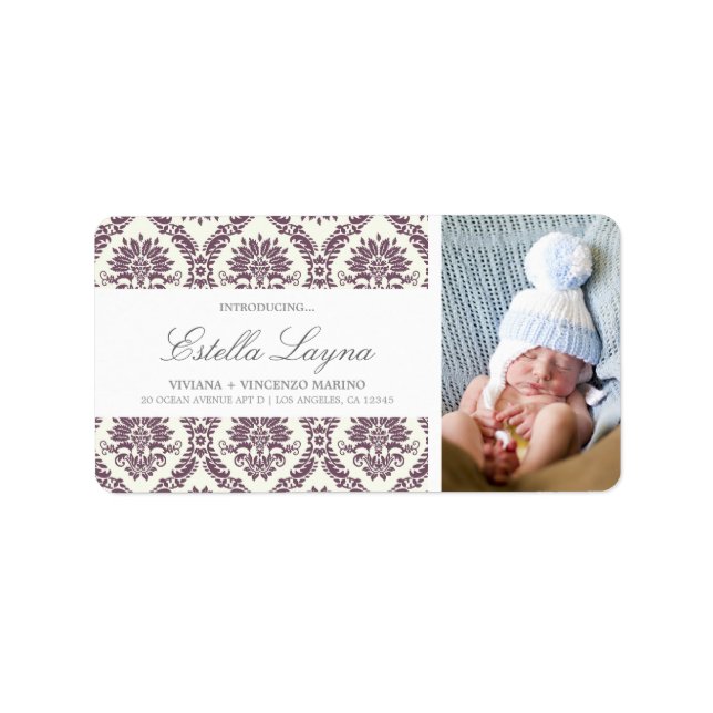 NEW BABY PURPLE DAMASK | ADDRESS LABELS (Front)
