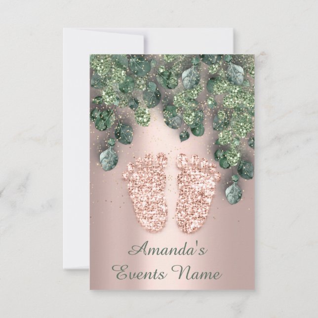 New BABY SHOWER FEET GLITTER Rose Mint Invitation (Back)